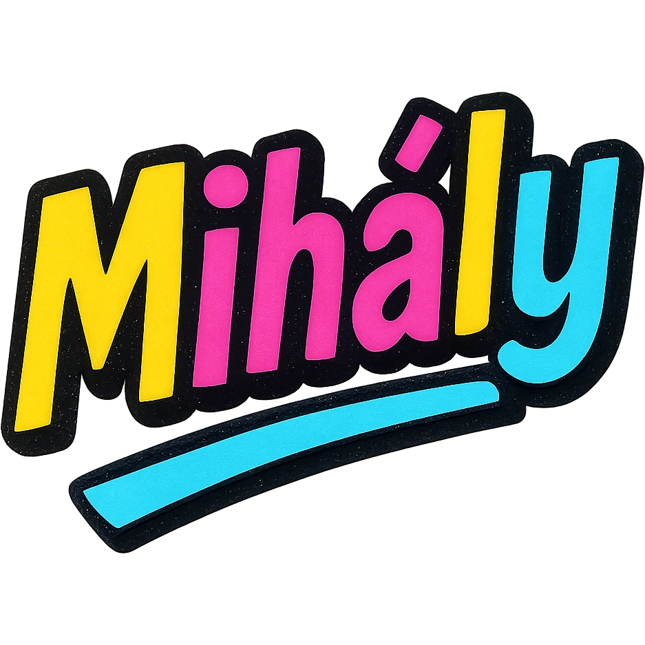 Mihály name in modern colorful gradient font with dark outline, dynamic slanted or partial underline, in the style of reference patterns emoji
