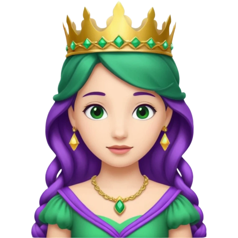 Princesses, with Gold Crown on purple braid hair, with green dress emoji