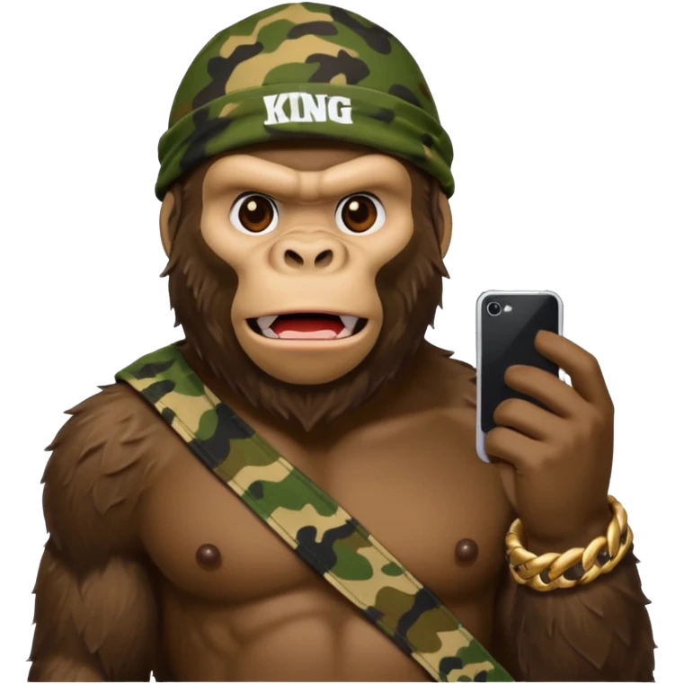 King Kong with a cell phone emojie wearing a camouflage bandana emoji