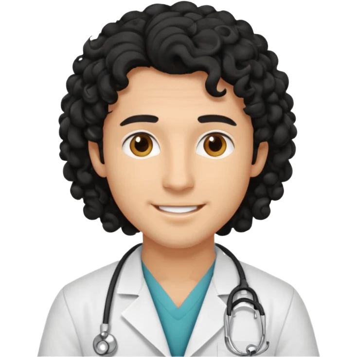 a young male doctor with black long curly hair and cheerful face without gpasses emoji
