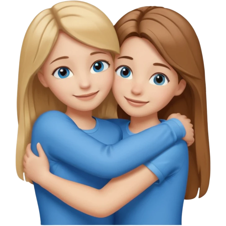 two Girls, Brown and Blonde hair, with Blue Eyes hugging one has Brown hair cute Hug  emoji