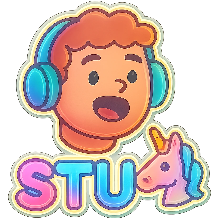 Apply a soft neon glow to the text 'STU 🦄' and the unicorn icon, using pastel neon colors for a dreamy effect, keep the background as is. emoji