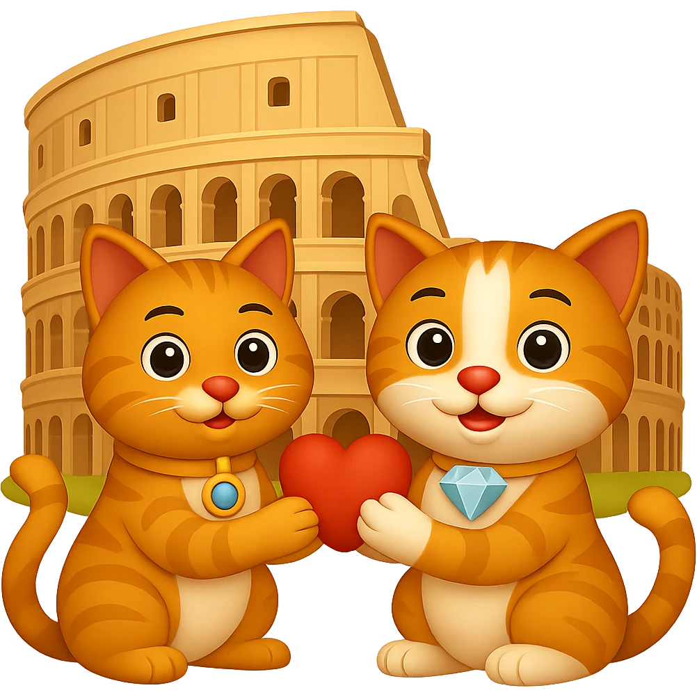 Make the Colosseum in the background much larger while keeping the happy cat proposal and the big diamond on the cat's collar. The style should resemble emoji style with a transparent background. emoji
