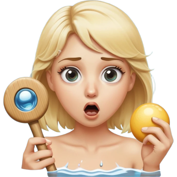 blond woman with wide eyes, holding a wide skin-colored stick with a round knob, both matching her skin tone, the knob has skin texture, water squirting from the knob into her mouth, shocked face emoji