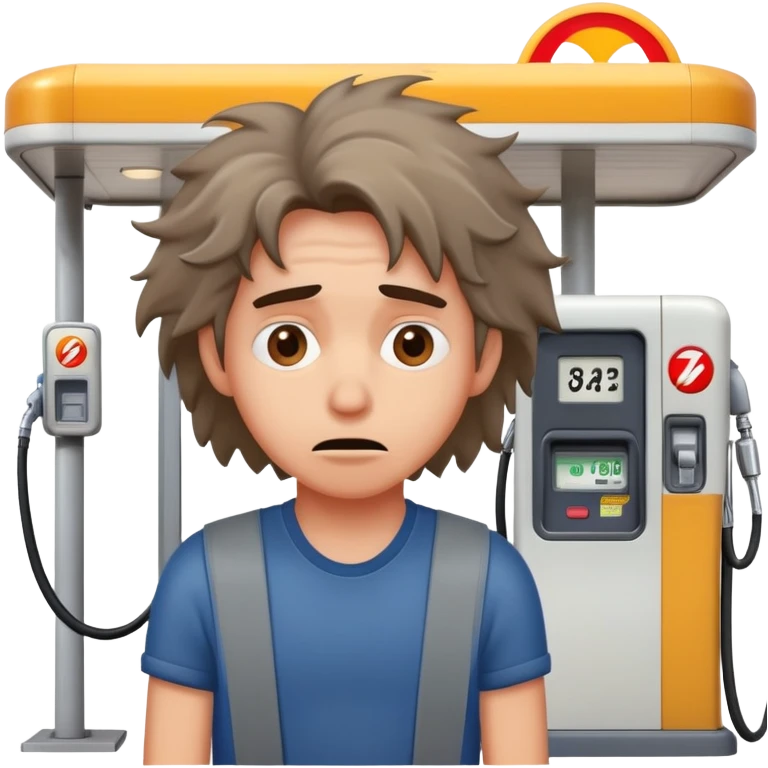 Disheveled person with anxious expression at a gas station pump emoji