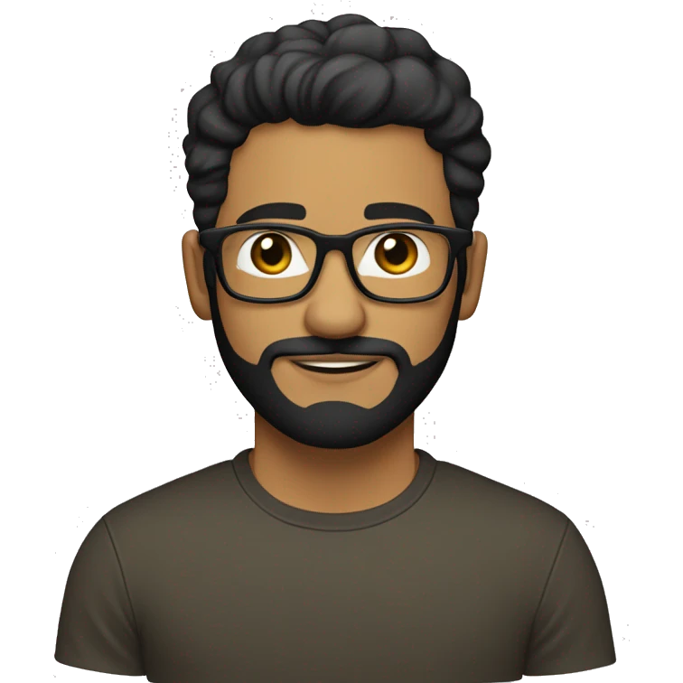 Hispanic male who wears glasses with a black frame and is in their 30s. The skin is a slight than lighter olive complexion. They wear glasses with a black frame and eye color is brown. He has a fuzzy beard with a mustache and is wearing a hacker tshirt. emoji