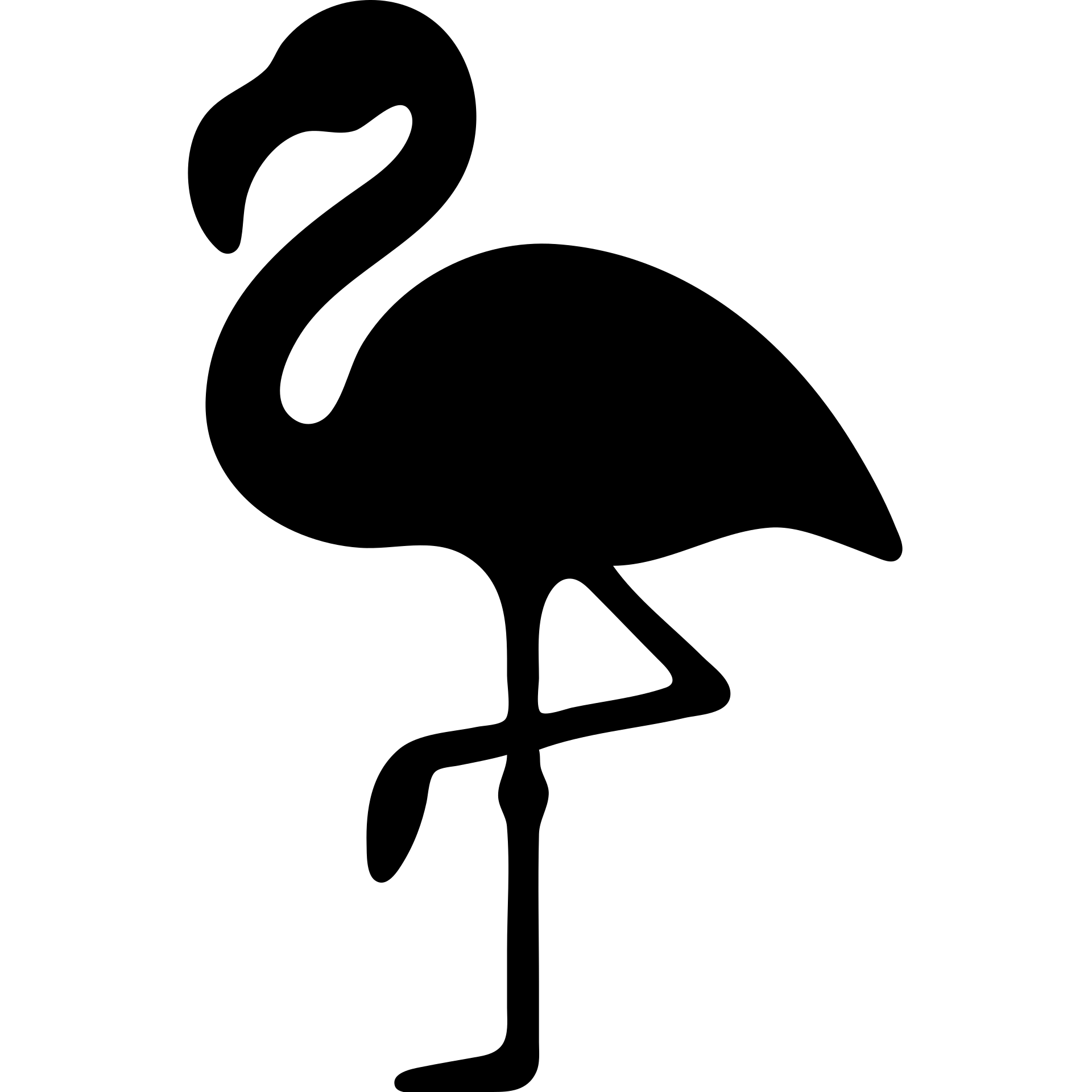 A flamingo standing on one leg with its long neck curved gracefully. The bird has a distinctive hooked beak and is shown in profile. emoji