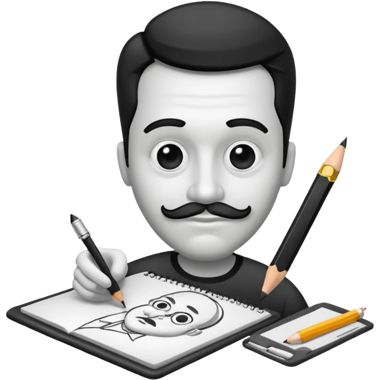 Create an icon representing the process of creating a black-and-white caricature. Include a pencil, a sketchpad with a humorous, exaggerated figure, and inking tools. Use bold lines and shading, with a transparent background. emoji