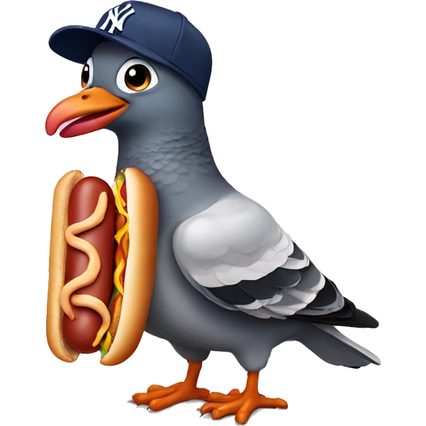 pigeon wearing New York yankee hat while eating a hotdog emoji
