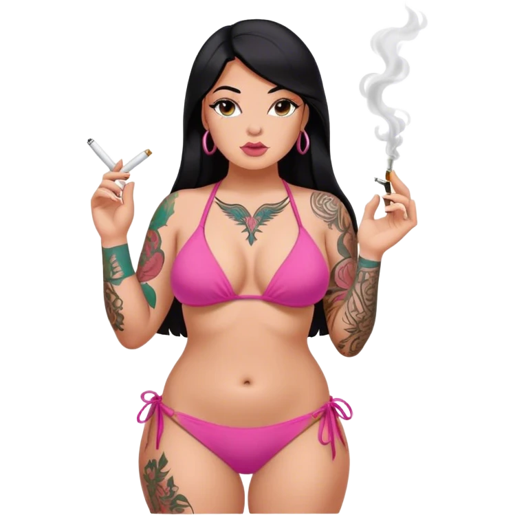 caucasian curvy body girl, with tattoos, in pink bikini, smoke, with a long straight black hair  emoji