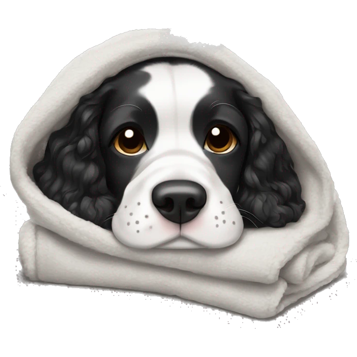 Black and white Dog Springer spaniel sleeping in blanket cozy emoji