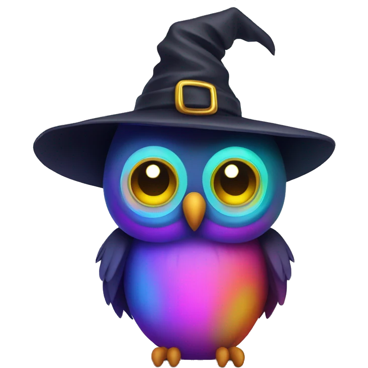 Neon Rainbow owl wearing witch hat  emoji