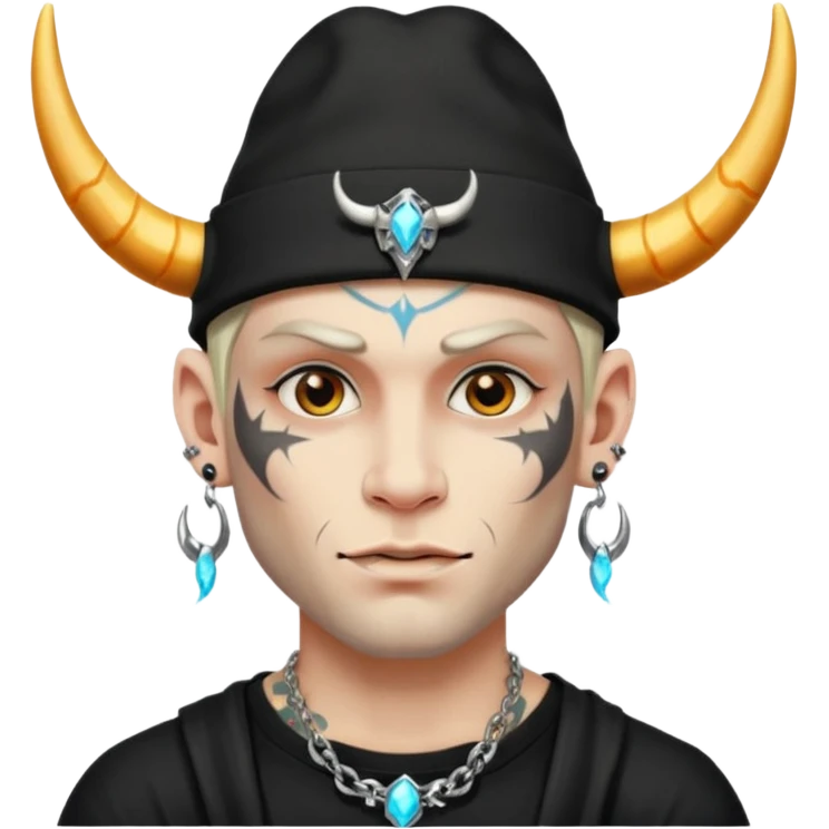 white skin Rock-style man — piercings, glowing tattoos on face, black hat with horns emoji