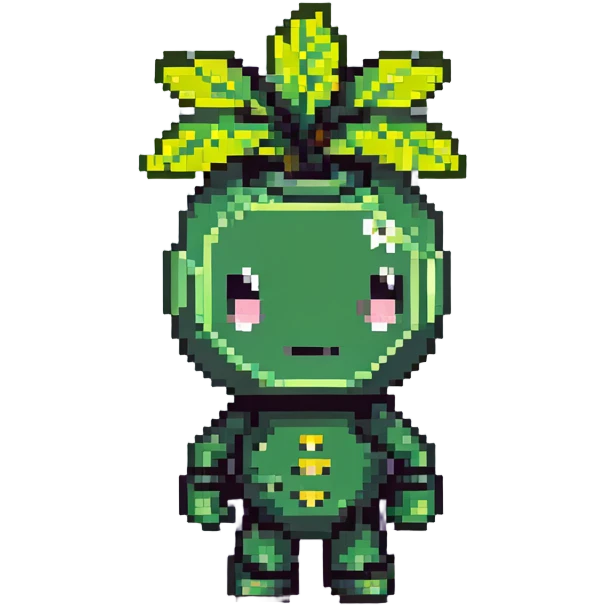 Green bomberman character, nature themed design, plant-like antenna, friendly expression, cute pixel art style emoji
