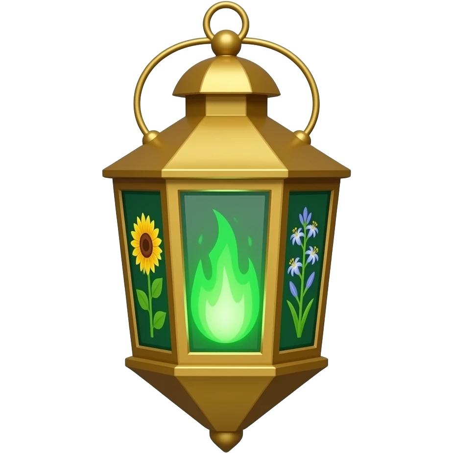 A golden hanging lantern with a bright emerald flames, an empty loop on top, sunflower & asphodel themed, but simple focus more on the green flames, paint the glass more green, have its bottom point come to some sort of point emoji