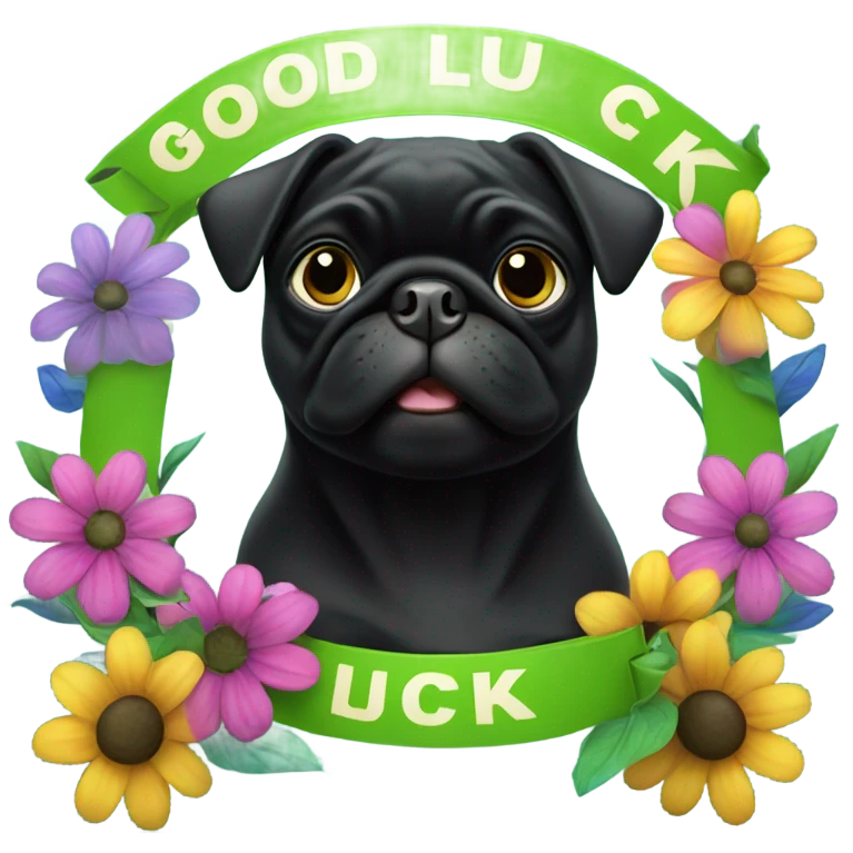Black pug , surrounded by flowers, holding a green sign that says “good luck”  emoji