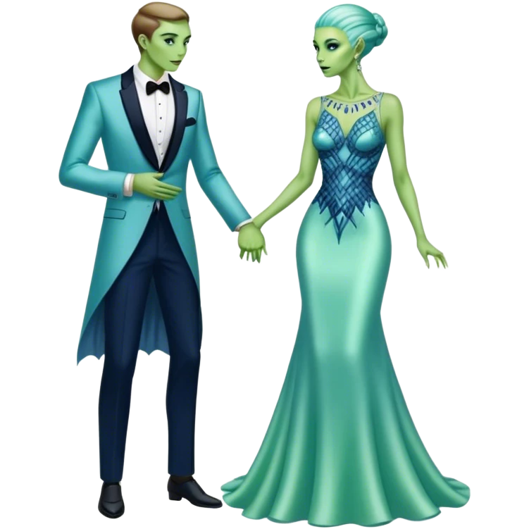 alien reptilian green skin woman, in long slim pastel blue formal party satin dress with gradient shiny sparkling navy blue diamonds embroidered , and caucasian man in black dres on his knees asks her to marry her emoji