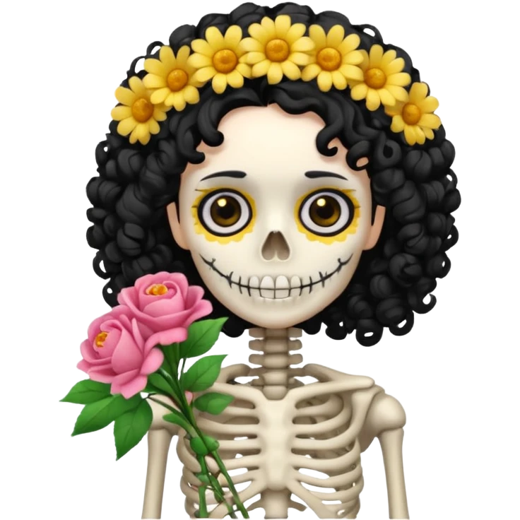 Skeleton with Flower Crown, curley hair black, with flower bouquet emoji