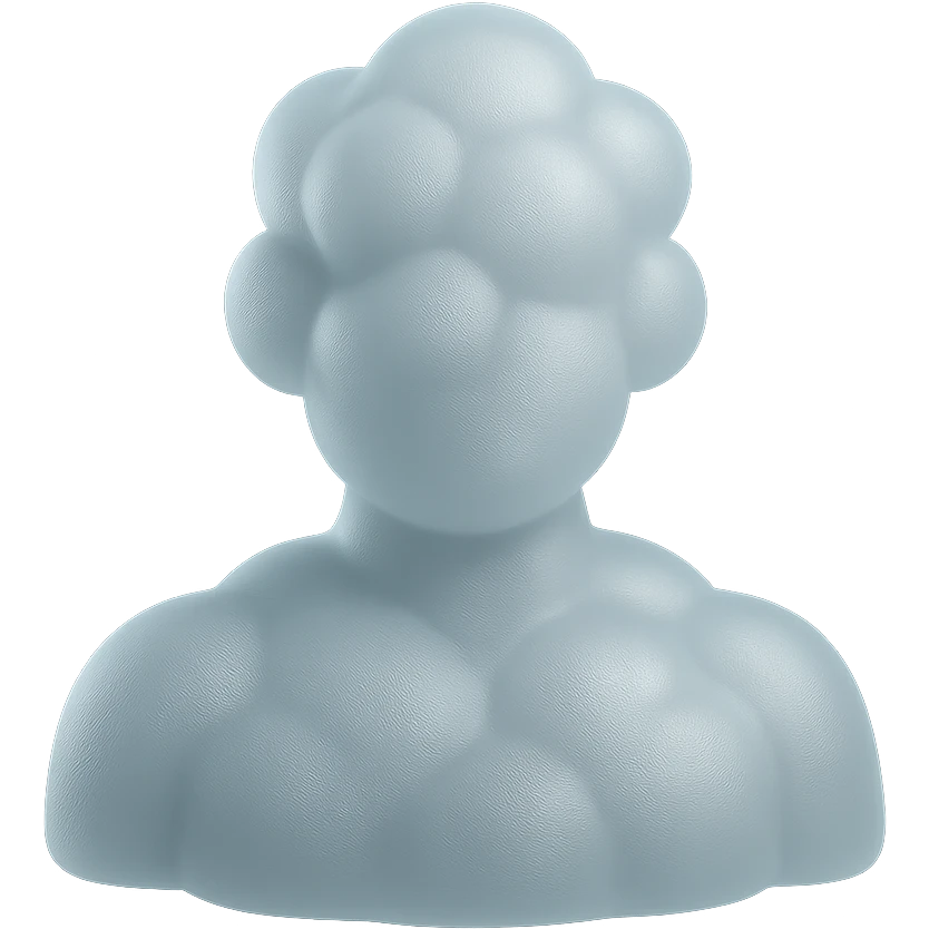 front view of a person composed entirely of white fluffy convex clouds, shoulders up, matte glass style, no background, no extra details emoji