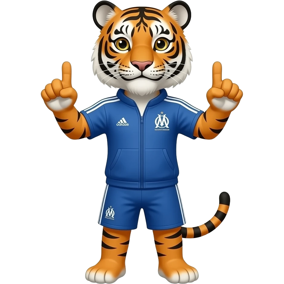 emoji tigre en survetement adidas couleur de l'olympique de marseille faisant le signe de JUL des deux mains pouce et index ouverts emoji