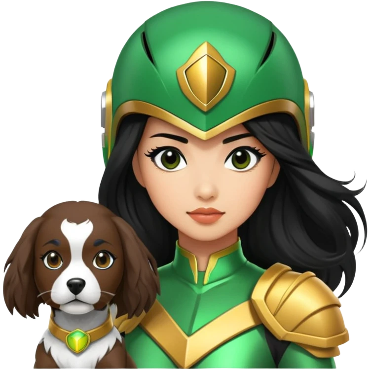 female green power ranger with wasian features, long black hair flowing from helmet, cockapoo dog at her side emoji