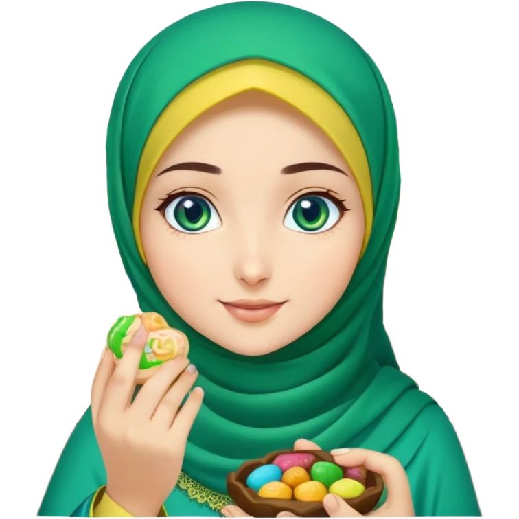 Turkish beautiful finish Konya girl blue eyes with green emerald yellow hijab islamic dress and had on her hand text Eid Mubarak with sweets and celebrating with her friends eid days   emoji