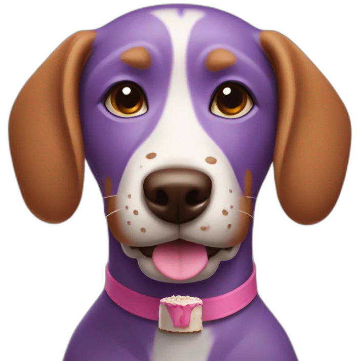 a purple dog with a brown nose and a pink collar with a bone eat cake emoji