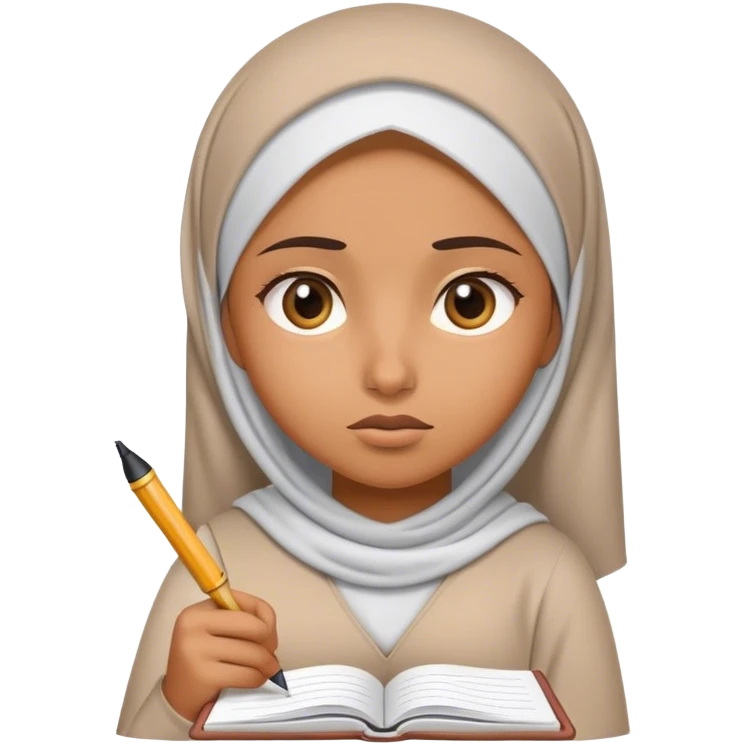 Muslim girl writing in notebook with difficulty, with confusion, emoji question emoji