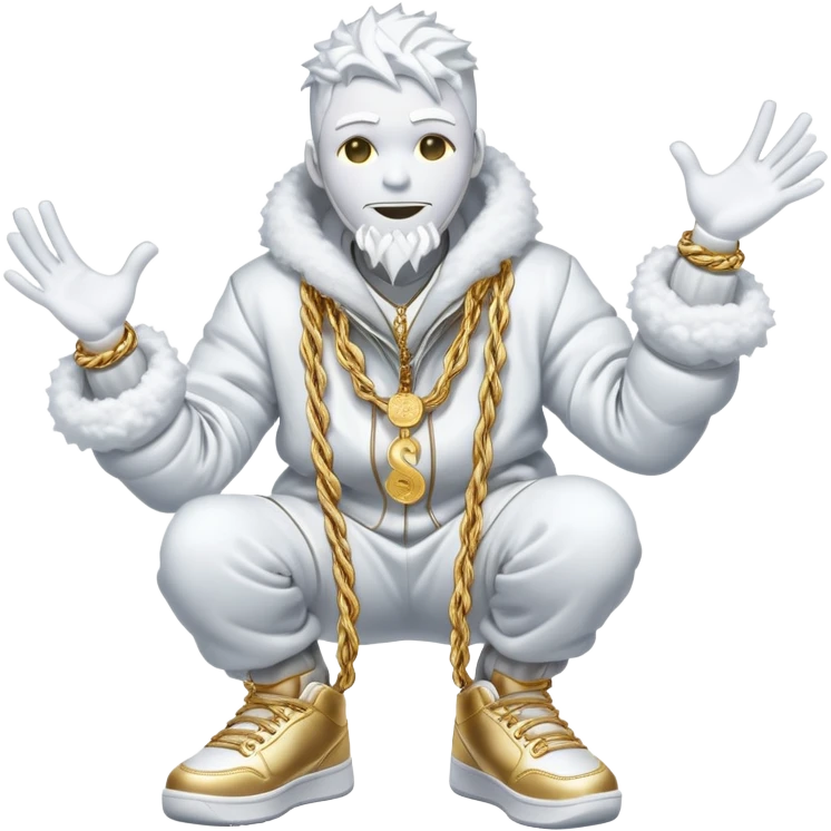 Snow elemental shaped more like a human—think tall, jointed limbs, maybe even facial expressions made of snow flaunting money wearing gold rope chain with jacket and Jordan sneakers emoji