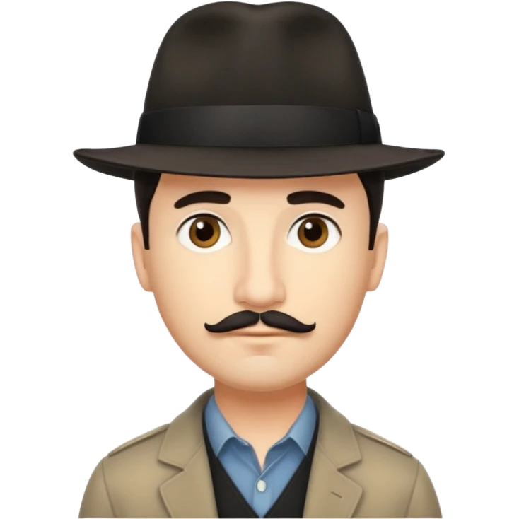 A light-skinned man with short dark hair, thin straight mustache, and a black fedora, with an oval face and calm look. emoji