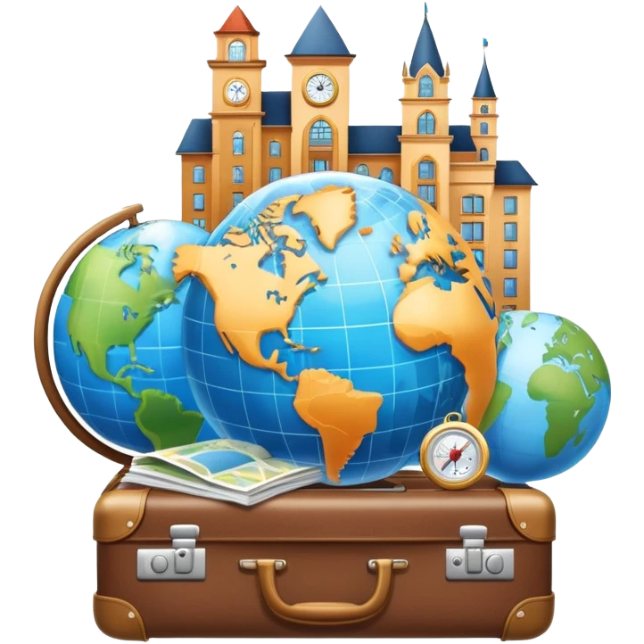An icon featuring a suitcase, 1 globe, and a hotel building, symbolizing tourism and hospitality studies. The design includes a map and compass, representing travel research and industry analysis. Transparent background emoji