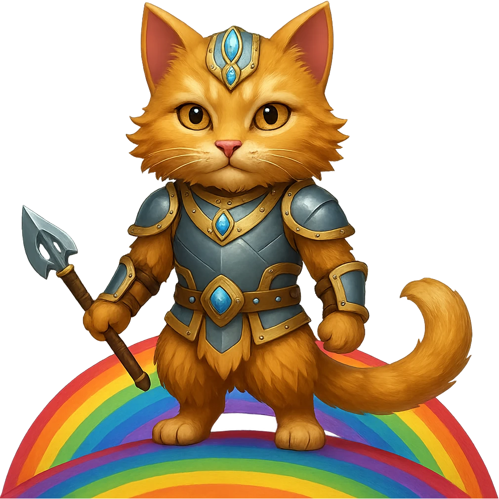 Add a rainbow bridge beneath the valorous Viking cat in Valhalla. Keep the background transparent. The style should match the original image's look and feel. emoji