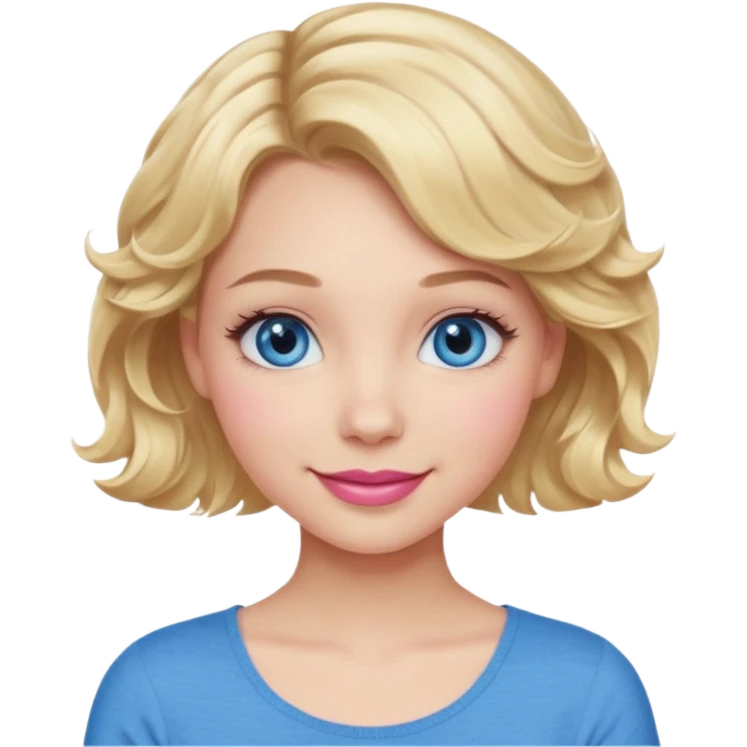 Girl Blonde short wavy hair,  blue eyes, cute blue top, long lashes, pink lips, 👄  emoji