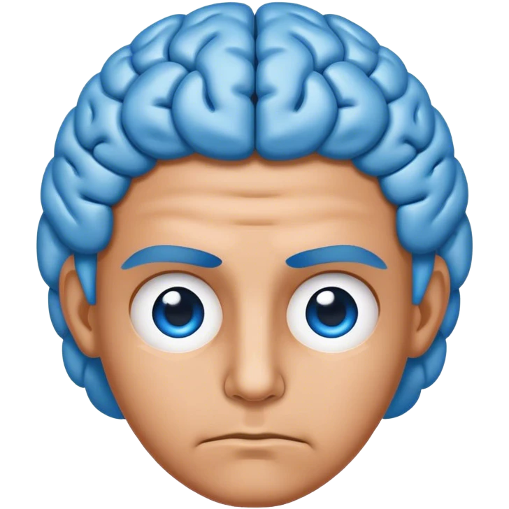 All blue adult person face emoji with a brain for hair and serious expression emoji
