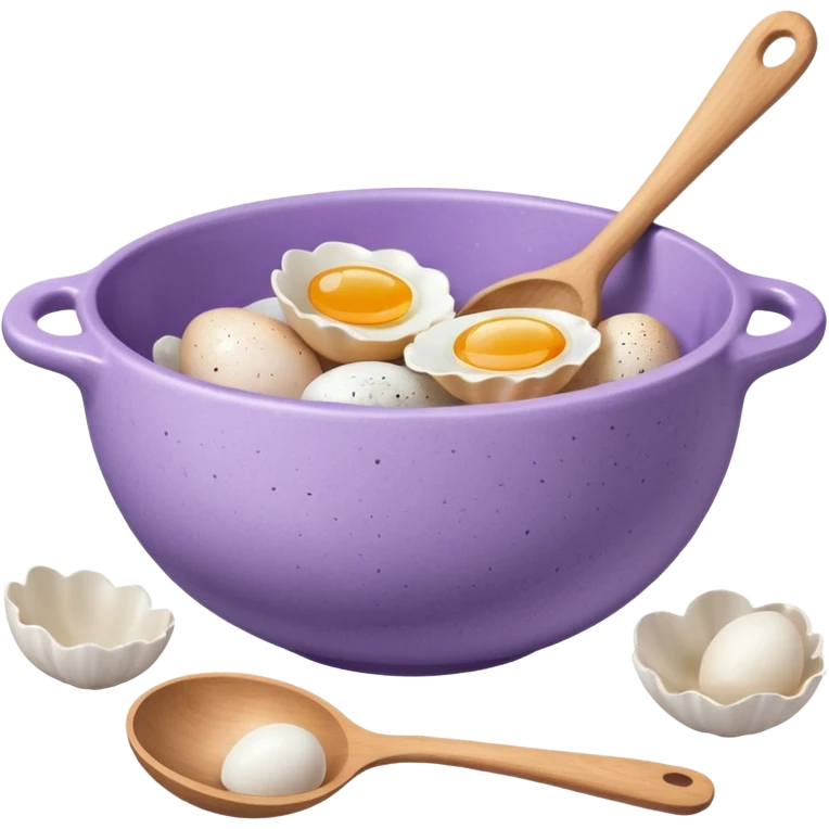 a lilac ceramic mixing bowl with a wooden spoon stirring and sitting next to it is a few eggs emoji