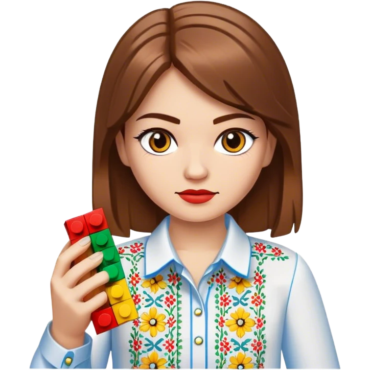 A Ukrainian girl with brown hair in an embroidered shirt holds Lego bricks emoji