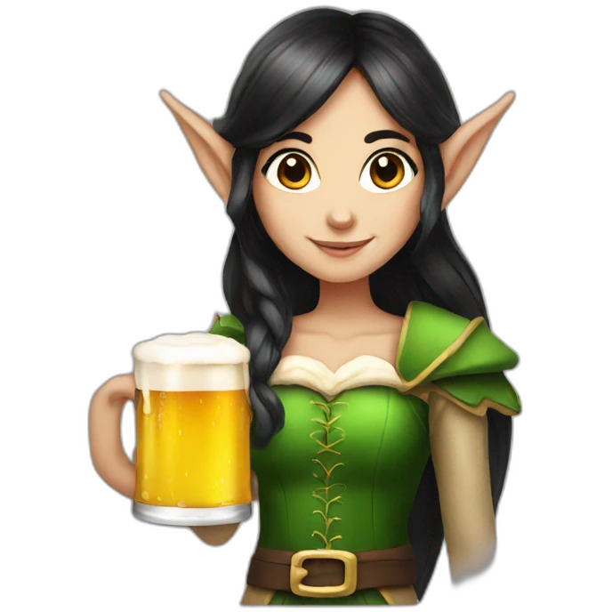 Elf girl with dark hair holding a beer emoji