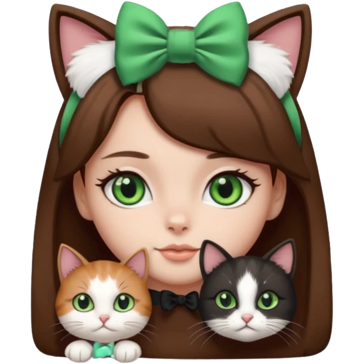 A black and white cat with green eyes she’s a girl she has a bow on her head she’s kinda fluffy  emoji