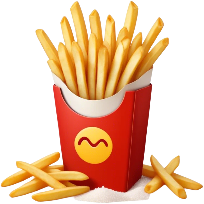 Cinematic crispy golden French fries, piled high, sprinkled with salt, served in a red carton, warm and inviting, rich golden hues, perfectly crunchy and delicious. emoji