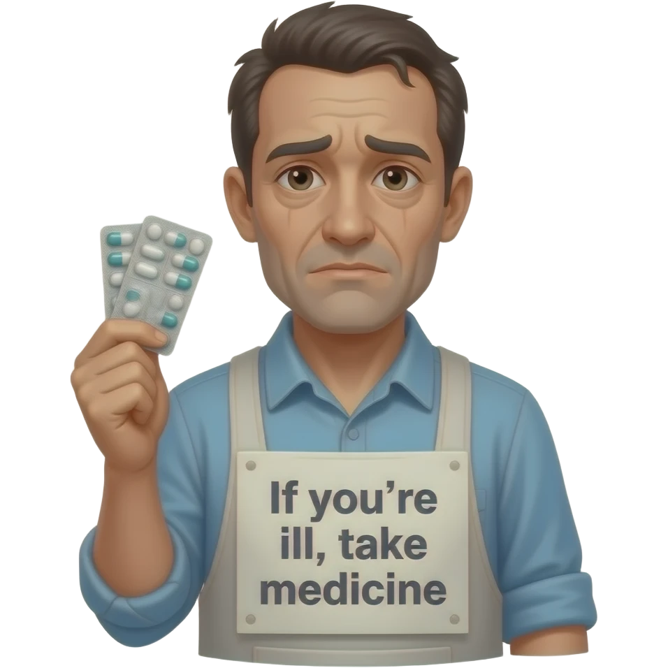 A weak man holding plenty medicine with a chinese words「你有病就食藥」 emoji