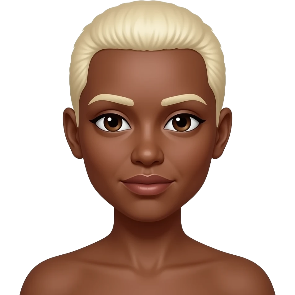 Black woman with a to the scalp hair cut shorter much shorter. Very very short almost bald still to long.a platinum blonde color and a copper color skin tone no blonde eyebrows , pjease emoji