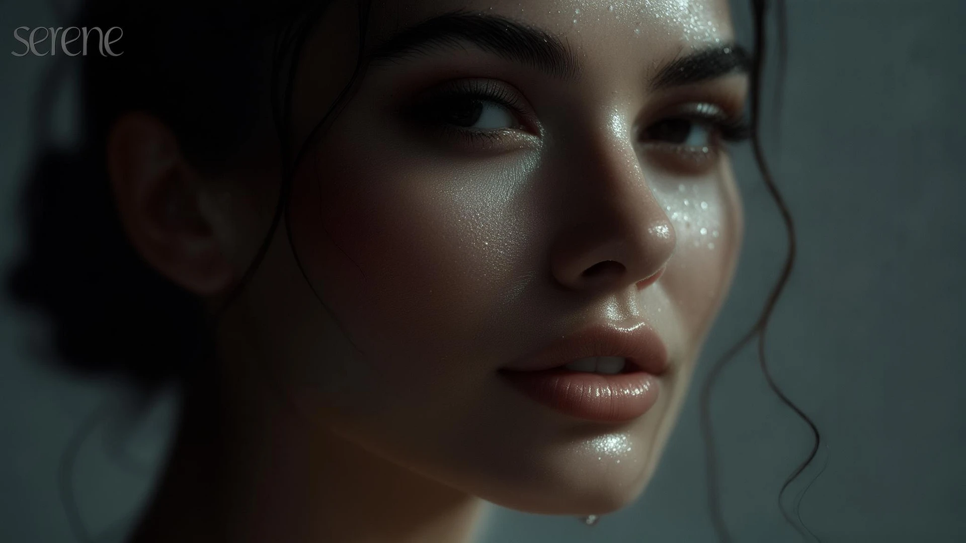 Extreme Closeup photo of a beautifull woman, water light reflection on face, low key light, cinematic light, 8K, very detailed, sharp emoji