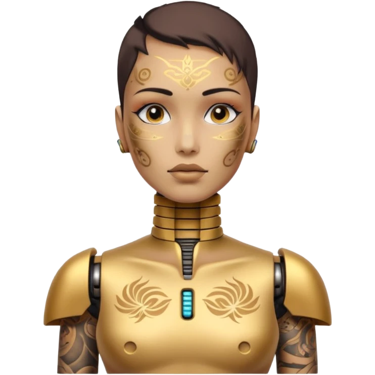 gold Tatooed robot with rada, big many tatooes on chest, neck and face, white tatoo on face emoji