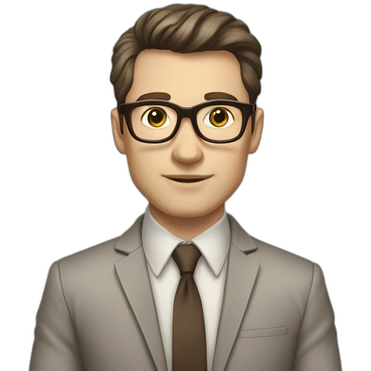 in front of a marker board Pale skinned fit man with dark brown hair in gray jacket, beige office shirt, brown tie, brown pants and vintage glasses. emoji