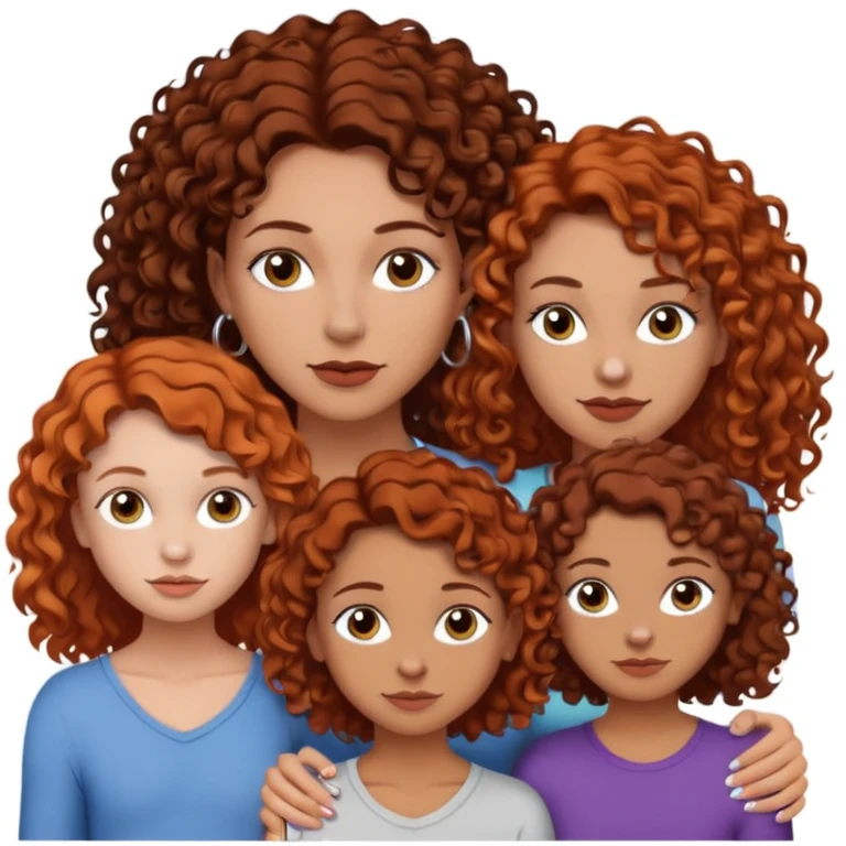 Create a family. A young hot mom. She is an alt girly with dark curly hair, an eyebrow piercing, and a nose ring. Her two teenage kids are gay girlies. One has shoulder length auburn hair and has an eyebrow ring. The other has short bleached curly hair, bleached eyebrows and a lip ring  emoji