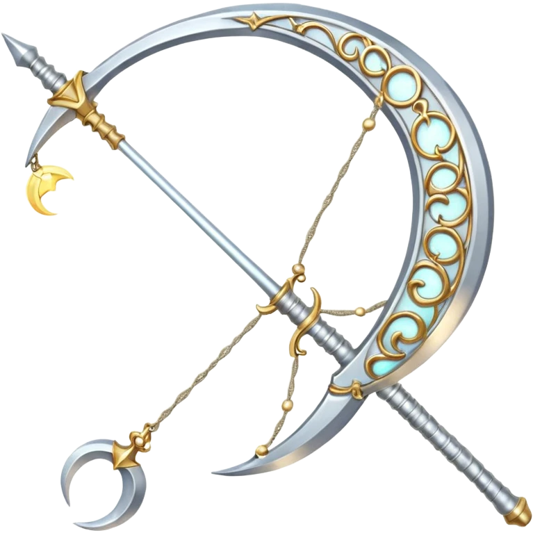 bow weapon, Elegant silver bow weapon with glowing string, crescent-moon motifs. emoji