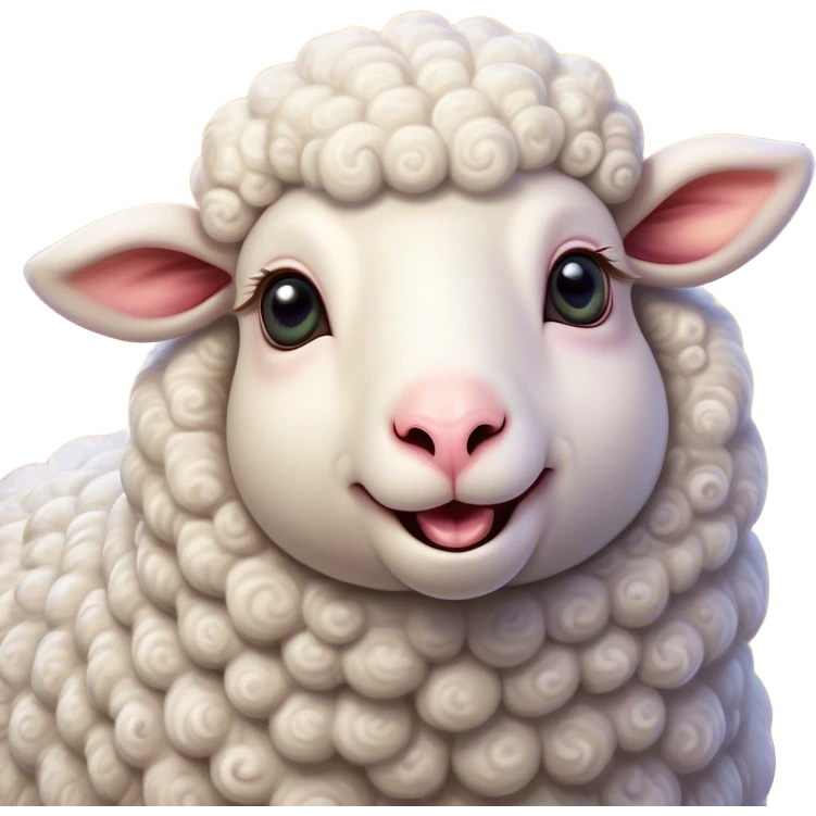 Cinematic Comical Sheep Portrait Emoji, Head tilted dramatically with an exaggeratedly amused expression, featuring a strikingly fluffy white fleece with a quirky pattern and wide, expressive eyes filled with playful disbelief, Simplified yet hilariously expressive features, highly detailed, glowing with a slightly sassy glow, high shine, dramatic yet playful, stylized with an air of cheeky mischief, bright and endearing, soft glowing outline, capturing the essence of a spirited and over-the-top sheep, so meme-worthy it feels like it could baa its way into internet fame instantly! emoji