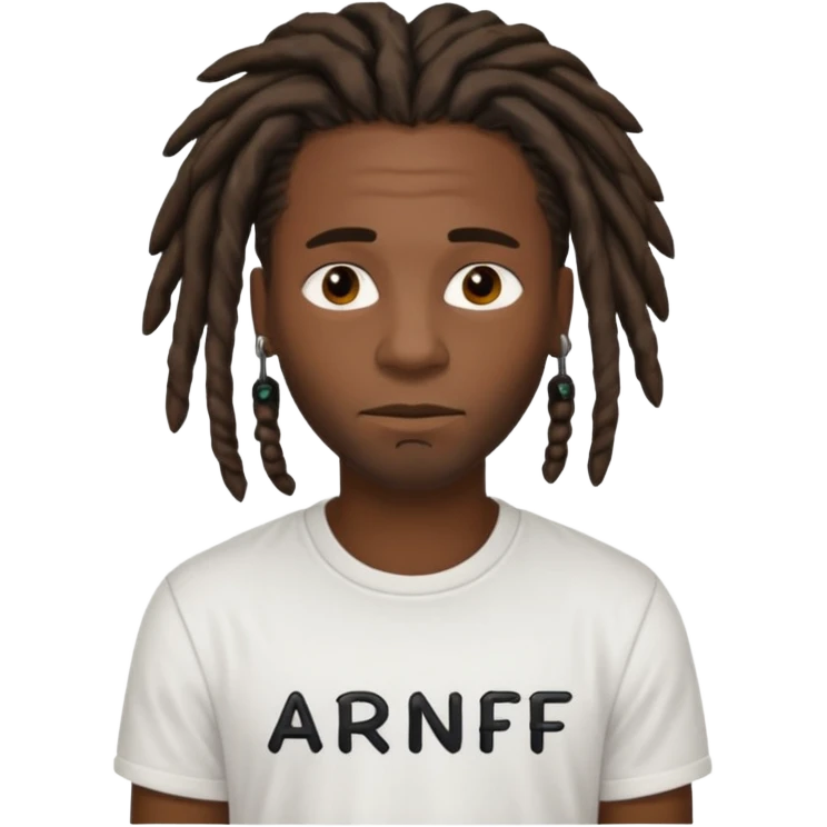 black guy wearing a white shirt saying ARNF in black text in the middle chest while having dreads emoji
