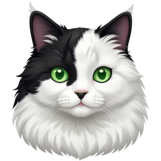Black and white tuxedo cat fluffy, very cute with green eyes emoji