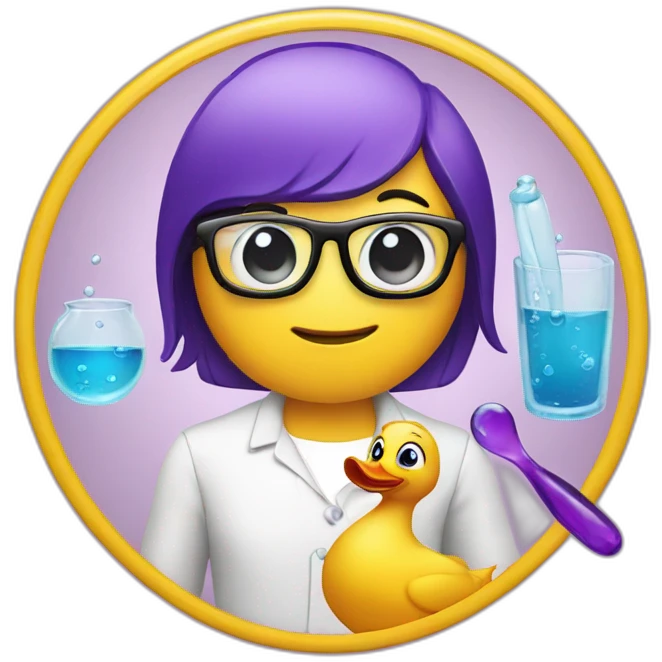 all the emojies are iphone styled, rubber duck faced to the side (3rd person), holding a lab glass full with purple liquid and having glasses emoji